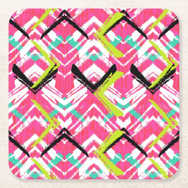 Hand Drawn Pink Zig Zag Pattern Square Paper Coaster (Front)