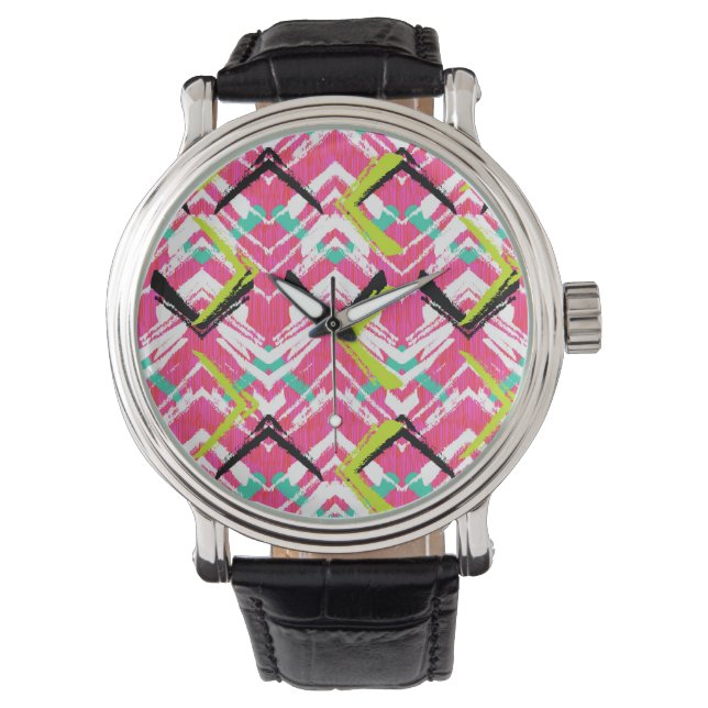 Hand Drawn Pink Zig Zag Pattern Watch (Front)