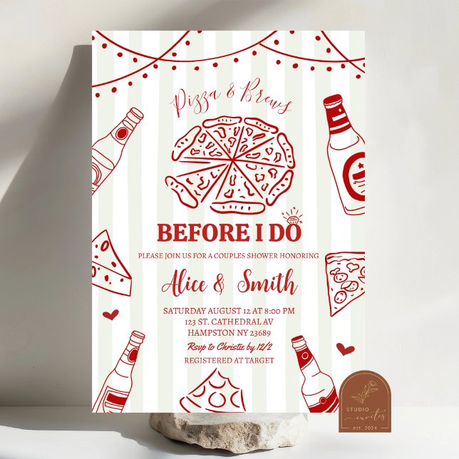 Hand Drawn Pizza and Brews Couples Shower Invitation (Creator Uploaded)