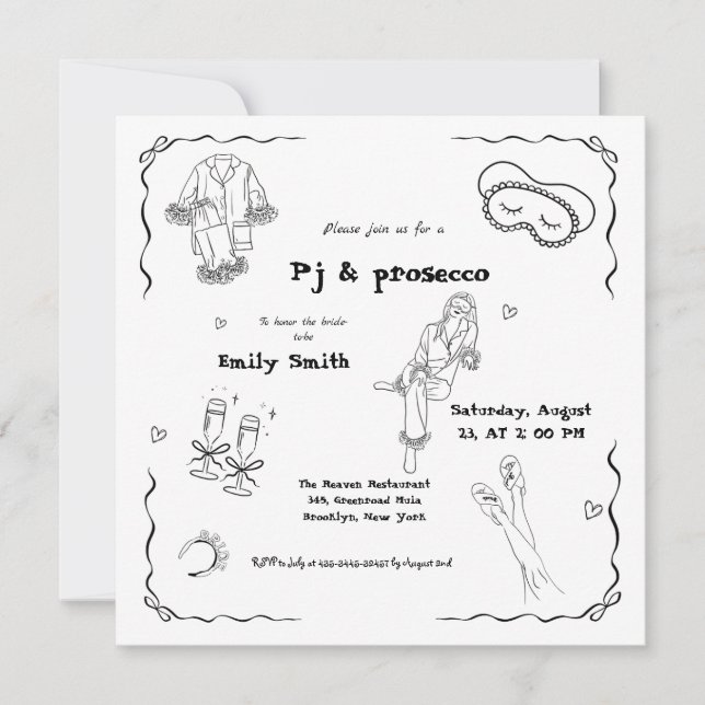 Hand Drawn Pj And Prosecco Bridal Shower  Invitation (Front)