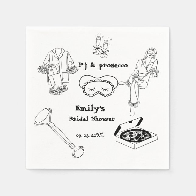 Hand Drawn Pj And Prosecco Bridal Shower  Napkin (Front)