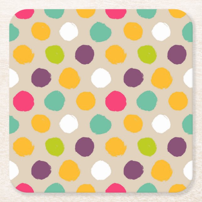 Hand-drawn polka dot pattern square paper coaster (Front)
