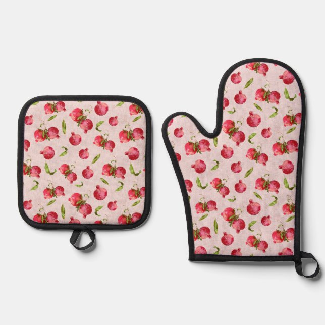 Hand Drawn Pomegranate Botanical Illustration Oven Mitt & Pot Holder Set (Front)
