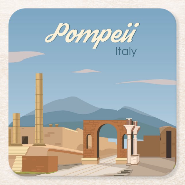 Hand Drawn Pompeii Italy Landscape Scenery Sketch Square Paper Coaster (Front)