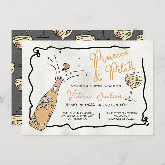 Hand Drawn Presecco and Petals Bridal Shower Invitation (Front/Back)
