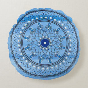 Hand Drawn Pretty Blue And White Mandala Flower Round Pillow