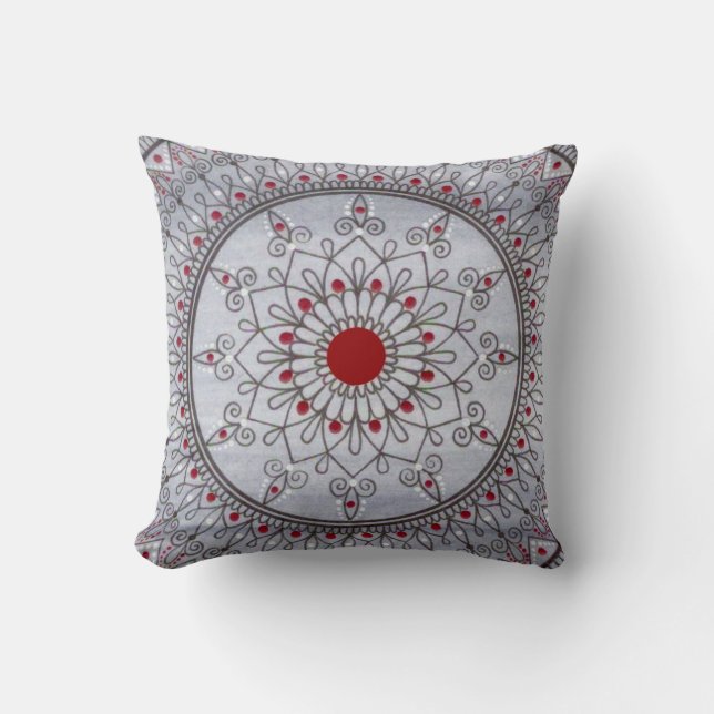 Hand Drawn Pretty Grey And Red Mandala Flower Throw Pillow (Front)