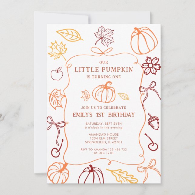 Hand Drawn Pumpkin Fall First Birthday  Invitation (Front)