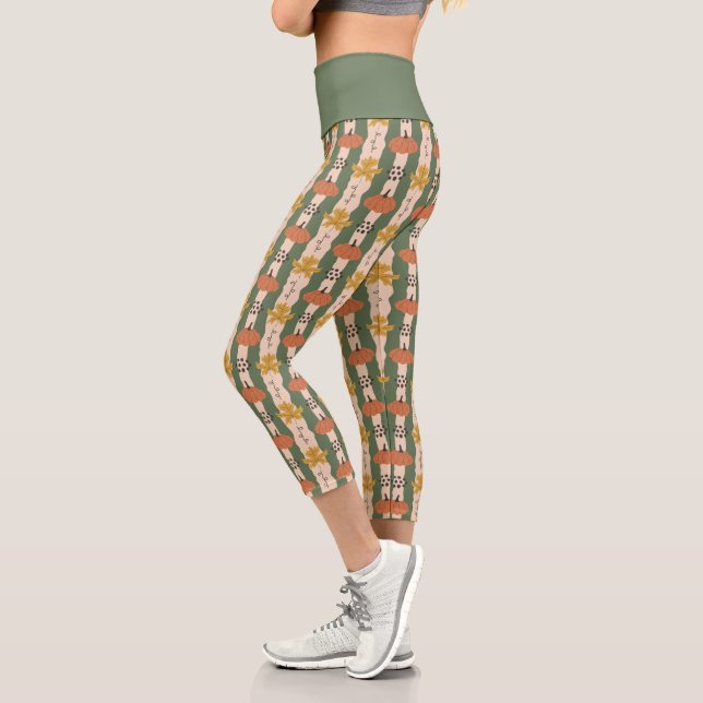 Hand Drawn Pumpkin & Leaf Pattern Capri Leggings (Left)