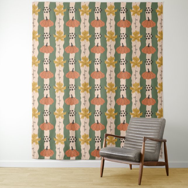 Hand Drawn Pumpkin & Leaf Pattern Tapestry (In Situ)