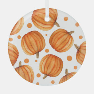 Hand-drawn pumpkins: watercolor Halloween pattern. Glass Ornament