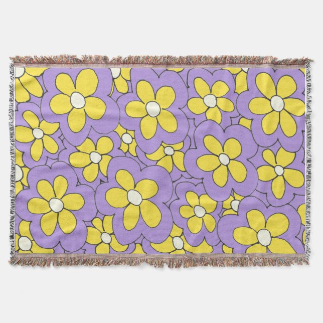 Hand Drawn Purple and yellow Flower Design Throw Blanket (Front)
