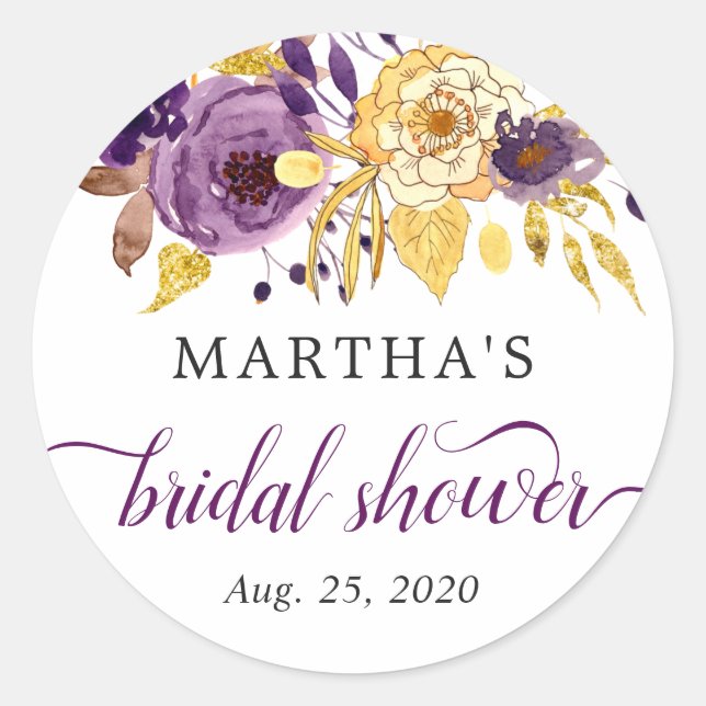 Hand Drawn Purple Gold Floral Bridal Shower Favour Classic Round Sticker (Front)