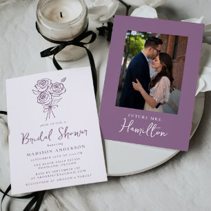 Hand-Drawn Purple Rose Bouquet Photo Bridal Shower Invitation