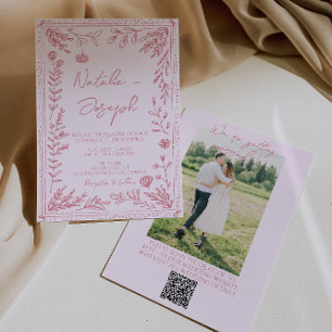 Hand Drawn QR Code Floral Garden Photo Wedding Invitation