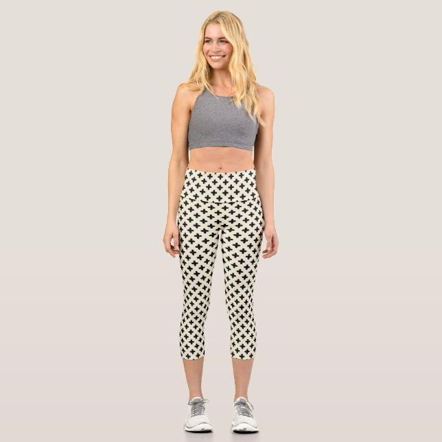 Hand Drawn Quatrefoil patterned black,white,cream Capri Leggings (Front)