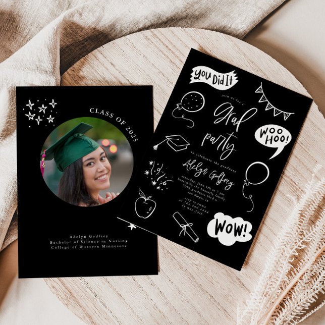 Hand Drawn Quirky Black Graduation Party Invitation (Creator Uploaded)