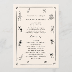 Hand Drawn Quirky Black & White Old Money Wedding Program