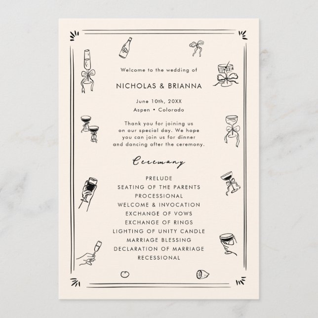 Hand Drawn Quirky Black & White Old Money Wedding Program (Front)