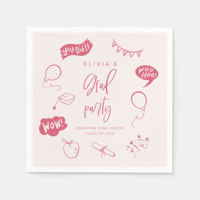 Hand Drawn Quirky Blush Pink Grad Party Napkin (Front)