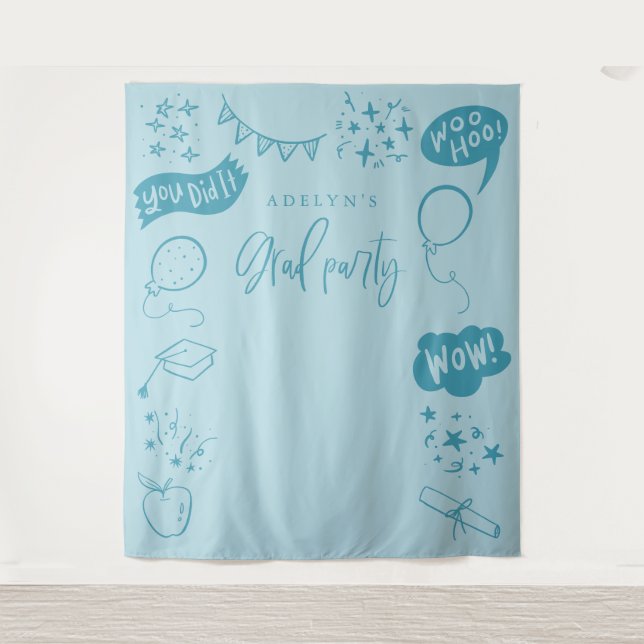 Hand Drawn Quirky Grad Icons Blue Backdrops Tapestry (Front)