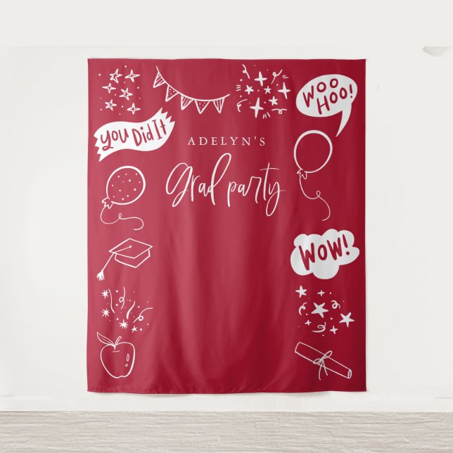 Hand Drawn Quirky Grad Icons Red Backdrops Tapestry (Front)