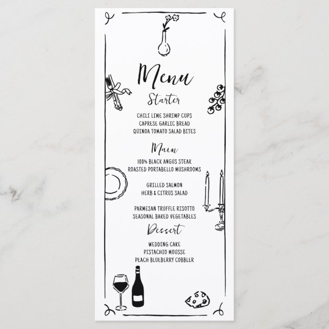 Hand Drawn Quirky Handwritten Wedding Menu (Front)