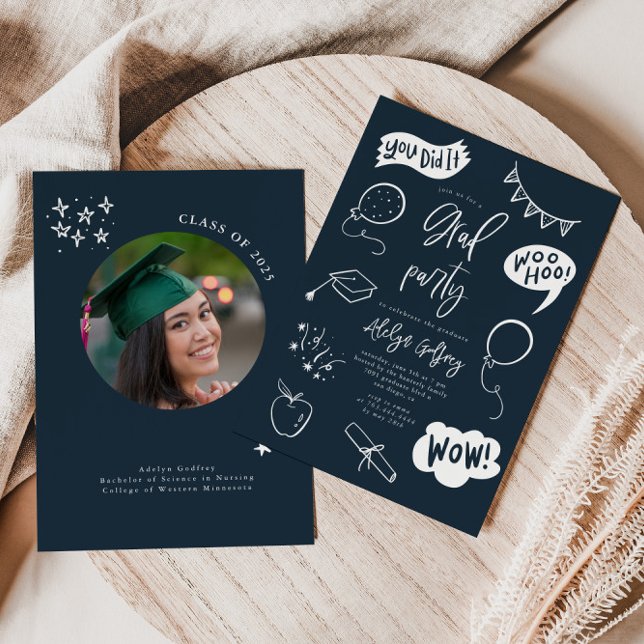 Hand Drawn Quirky Navy Graduation Party Invitation (Creator Uploaded)