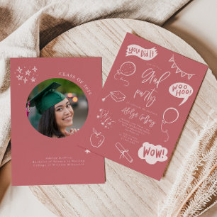 Hand Drawn Quirky Pink Graduation Party  Invitation
