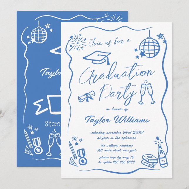 Hand Drawn Quirky Whimsy Doodles Graduation Party Invitation (Front/Back)