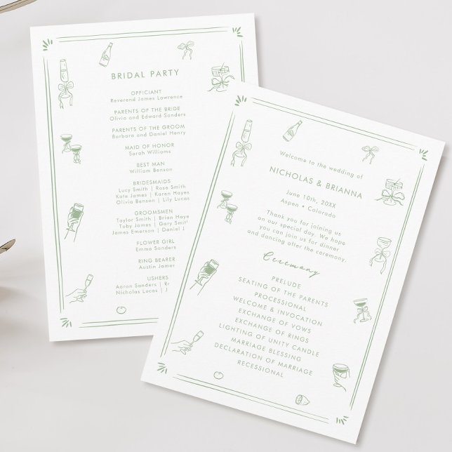 Hand Drawn Quirky White and Sage Green Wedding Program (Creator Uploaded)