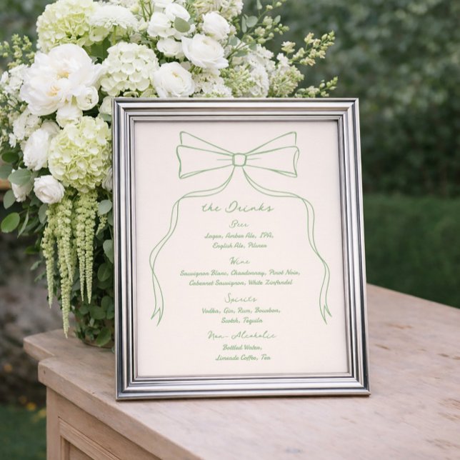 Hand Drawn Quriky Bow Green Wedding Bar Drink Menu Poster (Creator Uploaded)