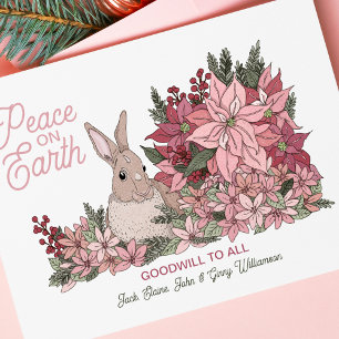Hand Drawn Rabbit and Pink Poinsettias Christmas Holiday Card