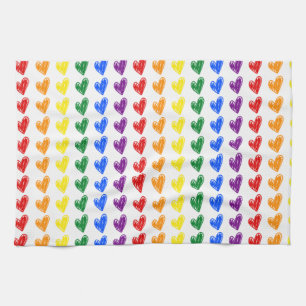 Hand Drawn Rainbow Heart Pattern Kitchen Towel