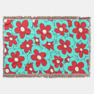 Hand Drawn Red and Blue Flower Design Throw Blanket