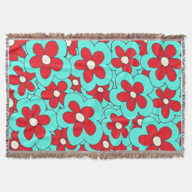 Hand Drawn Red and Blue Flower Design Throw Blanket (Front)