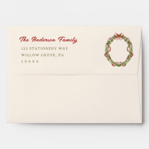 Hand Drawn Red And Green Bow Wreath Christmas Envelope