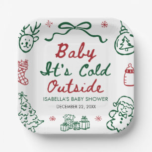 Hand Drawn Red Baby It's Cold Outside Baby Shower Paper Plate