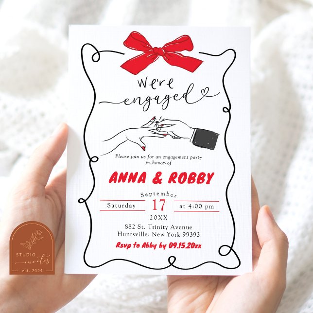 Hand Drawn Red Bow Engagement Party Invitation (Creator Uploaded)