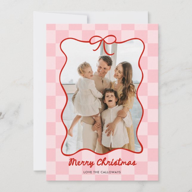 Hand Drawn Red Bow Frame Chequered Photo Holiday Card (Front)