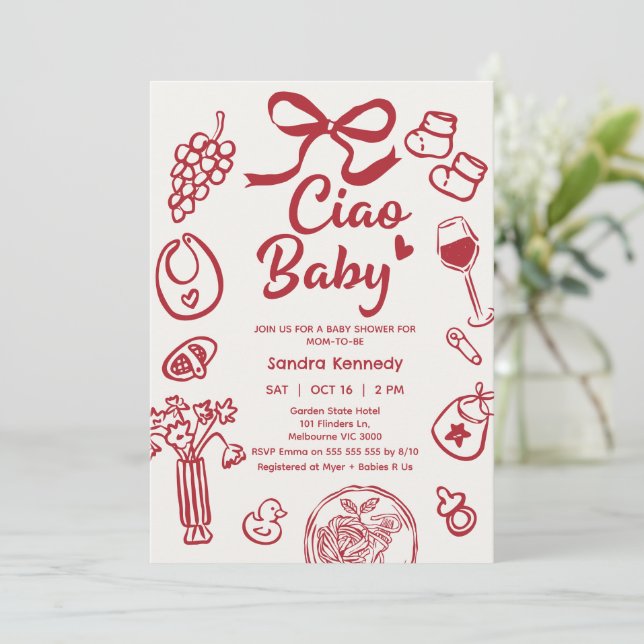 Hand Drawn Red Bow Items Ciao Baby Baby Shower Invitation (Standing Front)