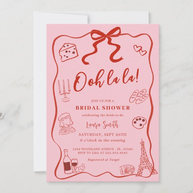 Hand Drawn Red Bow Paris Bridal Shower Invitation (Front)