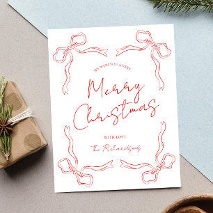 Hand Drawn Red Bow Whimsical Unique Christmas Holiday Card
