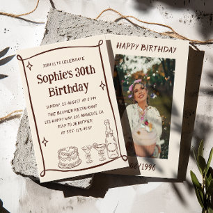 Hand Drawn Red & Cream 30TH Birthday Photo  Invitation