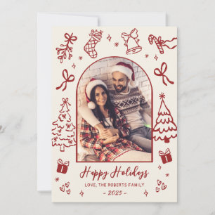 Hand-Drawn Red Doodle Arch Photo Christmas Happy  Holiday Card
