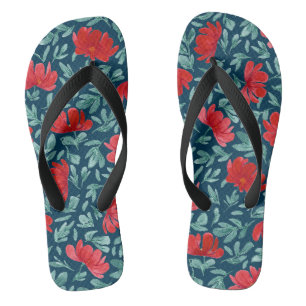 Hand drawn red flowers on blue background flip flops