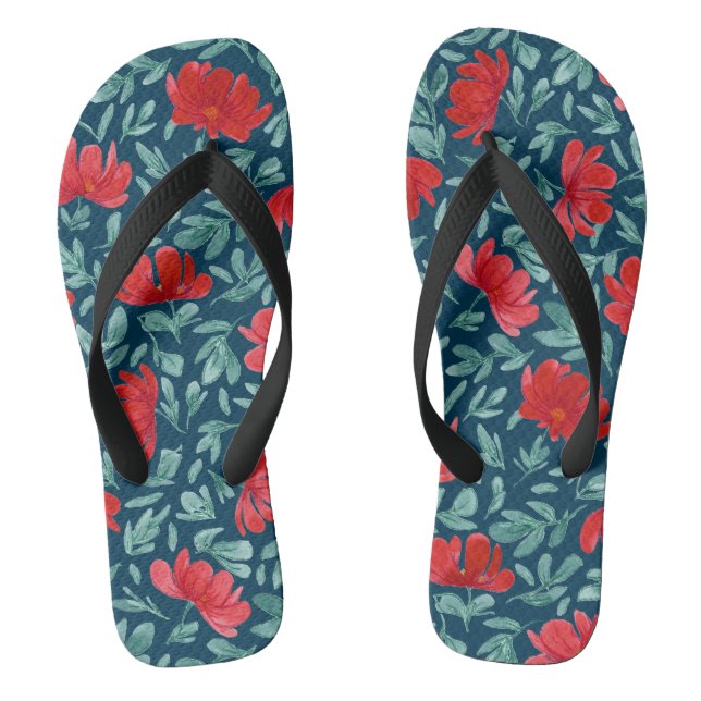 Hand drawn red flowers on blue background flip flops (Footbed)