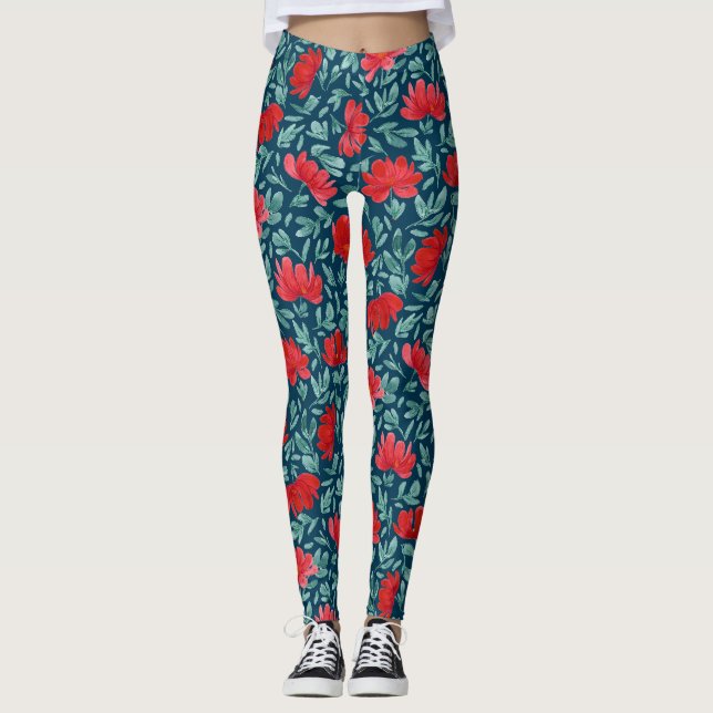 Hand drawn red flowers on blue background tank top leggings (Front)