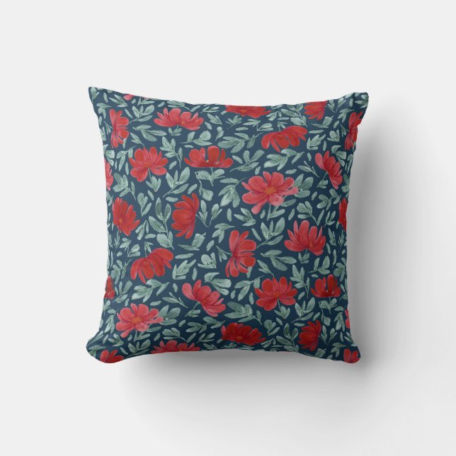 Hand drawn red flowers on navy background Cushion (Front)