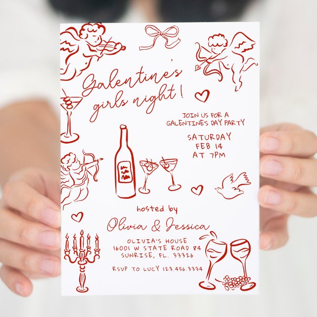 Hand Drawn Red Galentine's Girls Night Party  Invitation (Creator Uploaded)